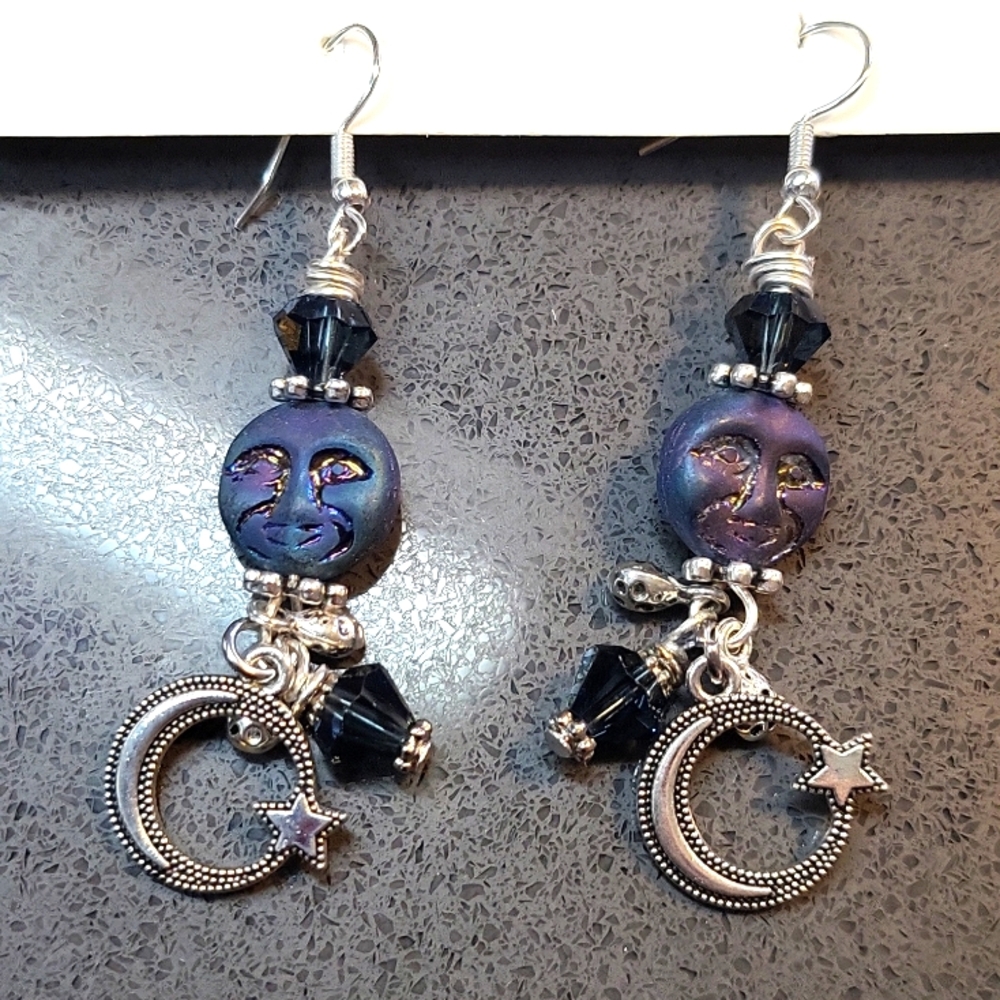 CZECH GLASS MOONS & CRYSTAL DANGLE EARRINGS